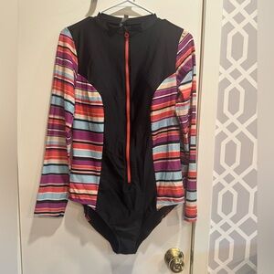Torrid 0X Black and Red One Piece Swimsuit Scoop Neck Zippered Front Long Sleeve